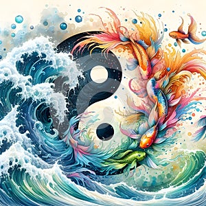 watercolor of splash dancing of the Yin Yang Koi on the surface of the water.