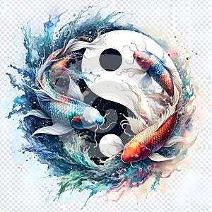 watercolor of splash dancing of the Yin Yang Koi on the surface of the water.