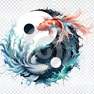 watercolor of splash dancing of the Yin Yang Koi on the surface of the water.