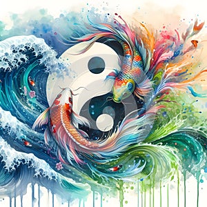 watercolor of splash dancing of the Yin Yang Koi on the surface of the water.