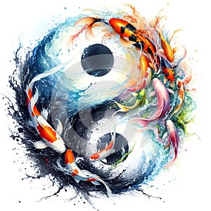 watercolor of splash dancing of the Yin Yang Koi on the surface of the water.