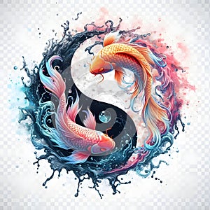 watercolor of splash dancing of the Yin Yang Koi on the surface of the water.