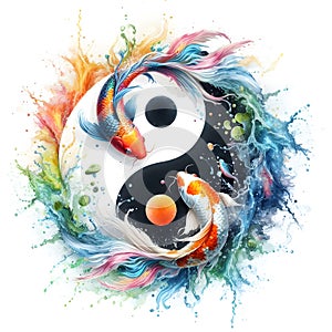 watercolor of splash dancing of the Yin Yang Koi on the surface of the water.