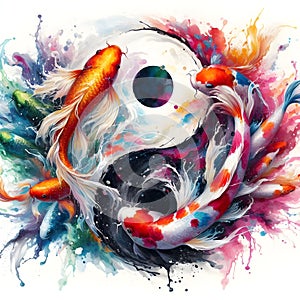 watercolor of splash dancing of the Yin Yang Koi on the surface of the water.