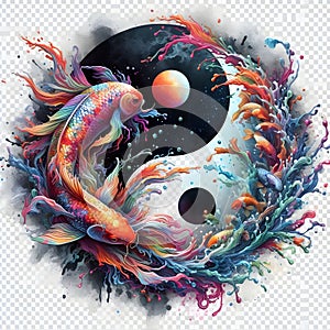 watercolor of splash dancing of the Yin Yang Koi on the surface of the water.