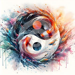 watercolor of splash dancing of the Yin Yang Koi on the surface of the water.