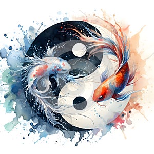 watercolor of splash dancing of the Yin Yang Koi on the surface of the water.