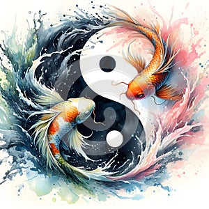 watercolor of splash dancing of the Yin Yang Koi on the surface of the water.