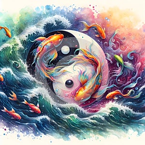 watercolor of splash dancing of the Yin Yang Koi on the surface of the water.