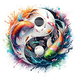 watercolor of splash dancing of the Yin Yang Koi on the surface of the water.