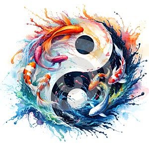 watercolor of splash dancing of the Yin Yang Koi on the surface of the water.