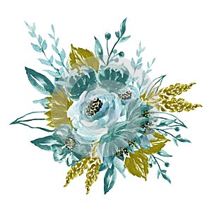 Watercolor splash elegant vintage garden botanical blue green gold flower bouquet hand