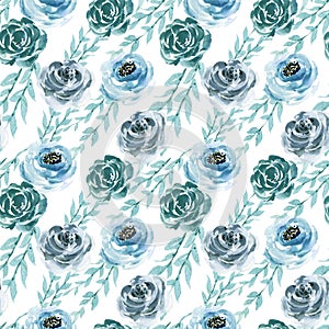 Watercolor splash elegant vintage garden botanical blue green gold flower pattern  hand