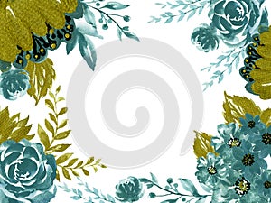 Watercolor splash elegant vintage garden botanical blue green gold flower template card hand