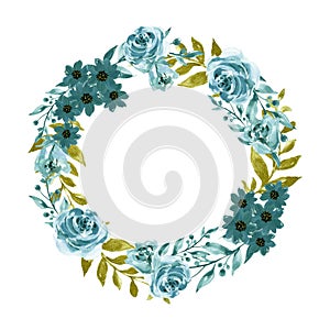 Watercolor splash elegant vintage garden botanical blue green gold flower wreath hand painte