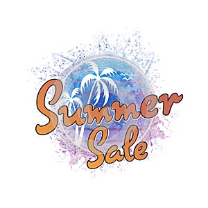 Watercolor splash stamp with palm trees and the text summer sales written inside the stamp