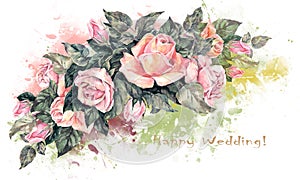 Watercolor splash on white background with bouquet of roses. Illustration for decor.