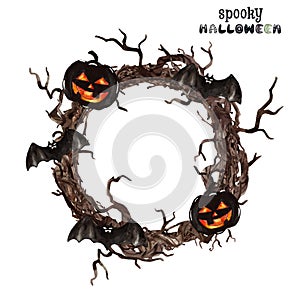 Watercolor spooky and creepy gothic Halloween wreath. Wicked carved pumpkins and bats, on white background