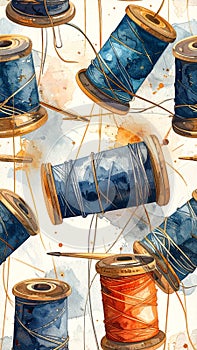 Watercolor Spools of Thread and Needles Seamless Pattern
