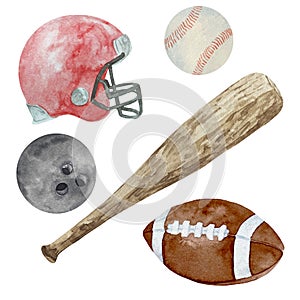 Watercolor sport set with american football helmet, ball and baseball set with ball and bat illustration isolated on white