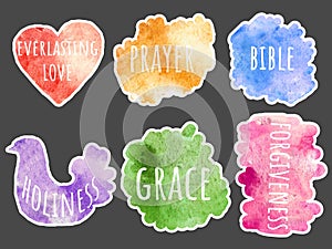 Watercolor spot. Set of colors texture blots - Collection stickers with words - everlasting love, prayer, bible, holiness, grace