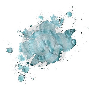 Watercolor spot of turquoise, blue color with splashes. Illustration. An isolated object from a large set. For