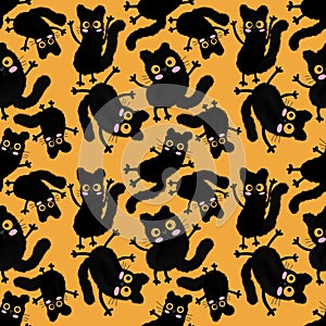 Watercolor spots animals seamless Halloween cats pattern for wrapping paper and fabrics and kids print and party