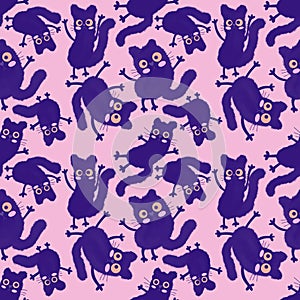 Watercolor spots animals seamless Halloween cats pattern for wrapping paper and fabrics and kids print and party