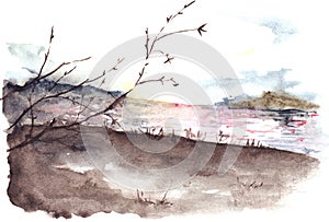 Watercolor spring autumn tree river cost landscape