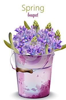 Watercolor spring bouquet of orchid flowers in a purple old bucket