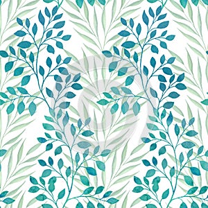 Watercolor spring branches seamless pattern. Botanical illustration. Bright leafy allover abstract background