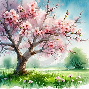 Watercolor, spring is coming, spring is on its way, flowers in the cherry orchard are pollinated by a bee.