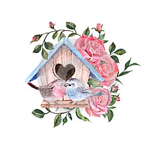 Watercolor spring cute birds illustration. Valentines day card with hand painted birds, bird house and pink roses photo