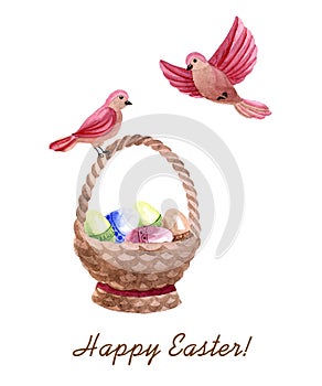 Watercolor spring Easter composition witn birds and wooden basket with eggs isolated on white background