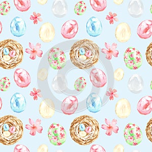 Watercolor Spring Easter seamless pattern on bright pastel blue background.