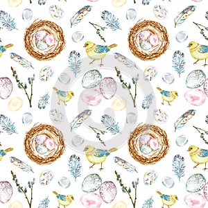 Watercolor Spring Easter seamless pattern with chicks birds, colored eggs, nest, feathers
