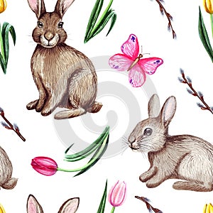 Watercolor spring easter seamless pattern, with rabbits, butterfly and flowers. Isolated on white background.