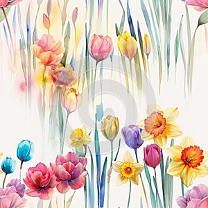 Watercolor Spring Elegance: Tulips and Daffodils in Pastel Hues