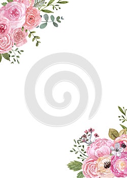 Watercolor spring floral border. Hand painted pink flowers and greenery, leaves on white background. Holiday frame