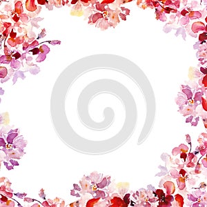 Watercolor Spring floral border with hand painted pink sakura flowers on white background.