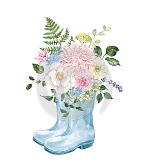 Watercolor spring floral bouquet in boot vase. Hand painted spring flowers illustration