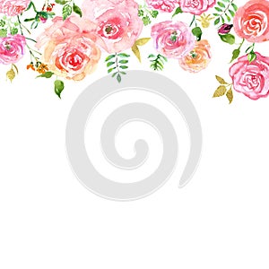 Watercolor Spring floral header with hand painted blush pink roses and gold leaves on white background. photo