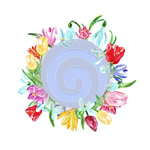 Watercolor spring floral round frame with yellow, pink, blue and red flowers. Hand painted tulips,daffodils, crocuses, snowdrops