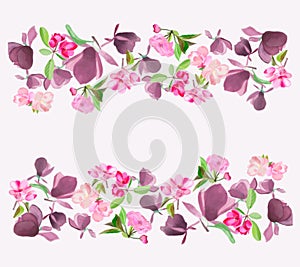 Watercolor Spring Flower magnolia, pink cherry and apple tree blossom