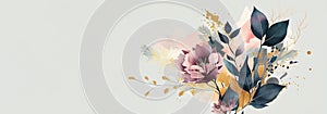 Watercolor spring flowers banner on white background with copy space.