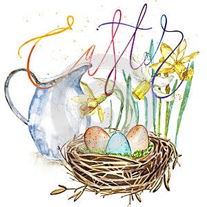 Watercolor Spring flowers with jug, bird nest with eggs and word Easter. Easter design