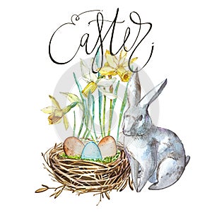 Watercolor Spring flowers with Rabbit, bird nest with eggs with word Easter, Easter design