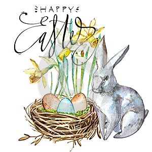 Watercolor Spring flowers with Rabbit, bird nest with eggs and word Easter. Hand painted nesting box isolated on white