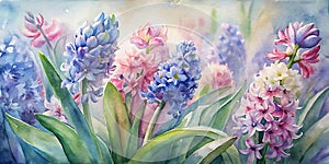 Watercolor Spring Flowers, Watercolor Background of Fresh Florals, Spring Flowers Background