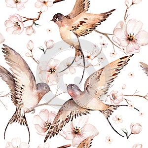 Watercolor spring flying swallows isolated and blossom flowers seamless pattern fabric background